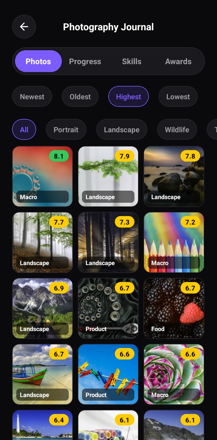 ShotLearn AI — Photography Journal screen