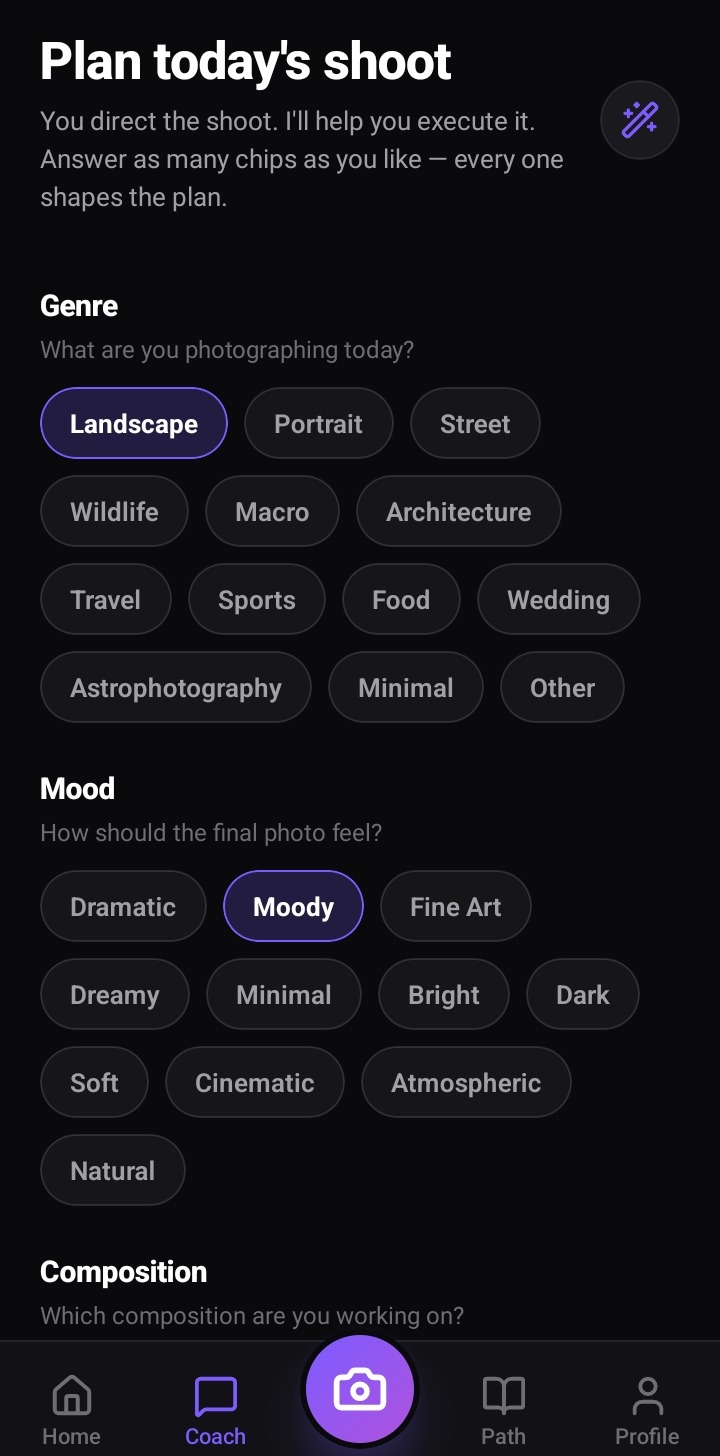 ShotLearn AI — Plan Today's Shoot screen